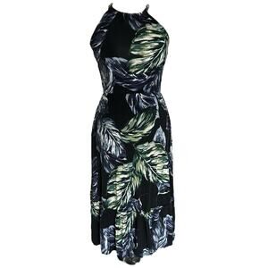 Cynthia Rowley Black Tropical Leaf Floral Soft Midi Dress XS/ S Retro w Pockets